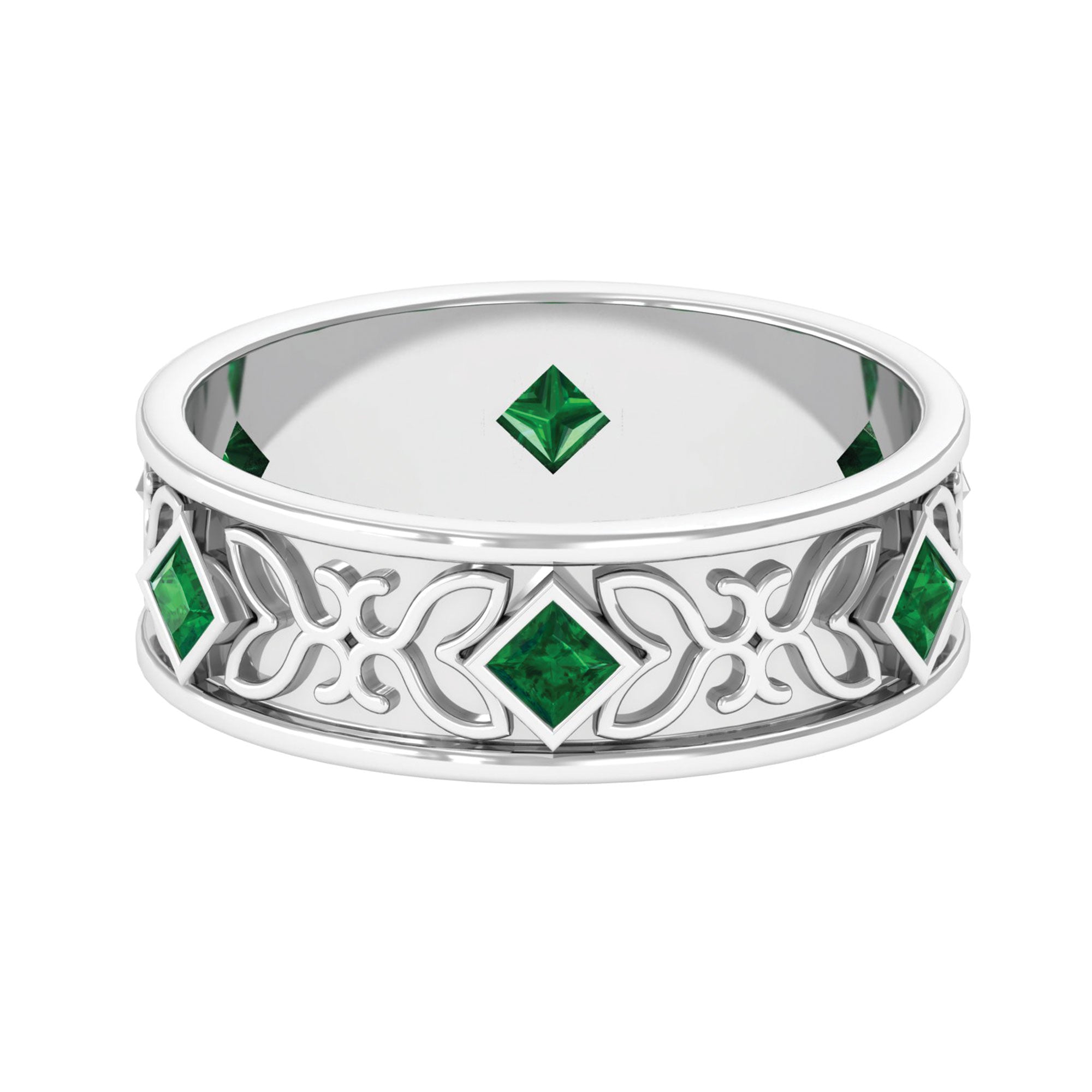 Designer Princess Cut Created Emerald Gold Band Ring Lab Created Emerald - ( AAAA ) - Quality - Rosec Jewels