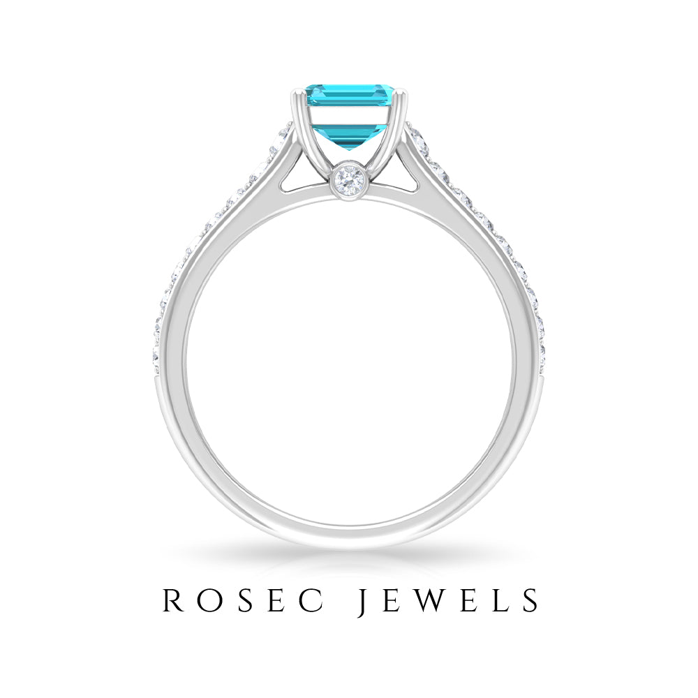2.50 CT Emerald Cut Swiss Blue Topaz Solitaire with Diamond Side Stone Ring Swiss Blue Topaz - ( AAA ) - Quality - Rosec Jewels