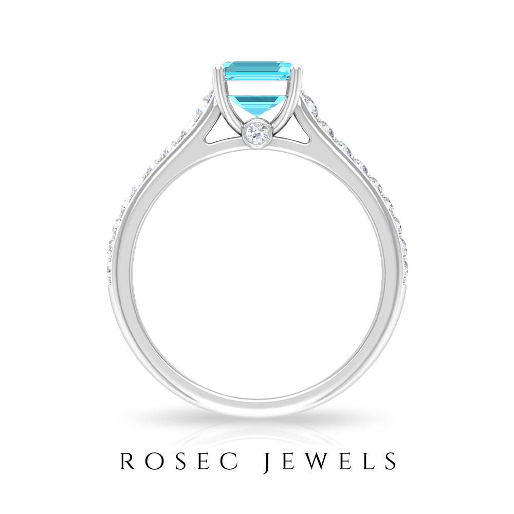 2 CT Swiss Blue Topaz Solitaire Ring with Diamond Side Stones Swiss Blue Topaz - ( AAA ) - Quality - Rosec Jewels