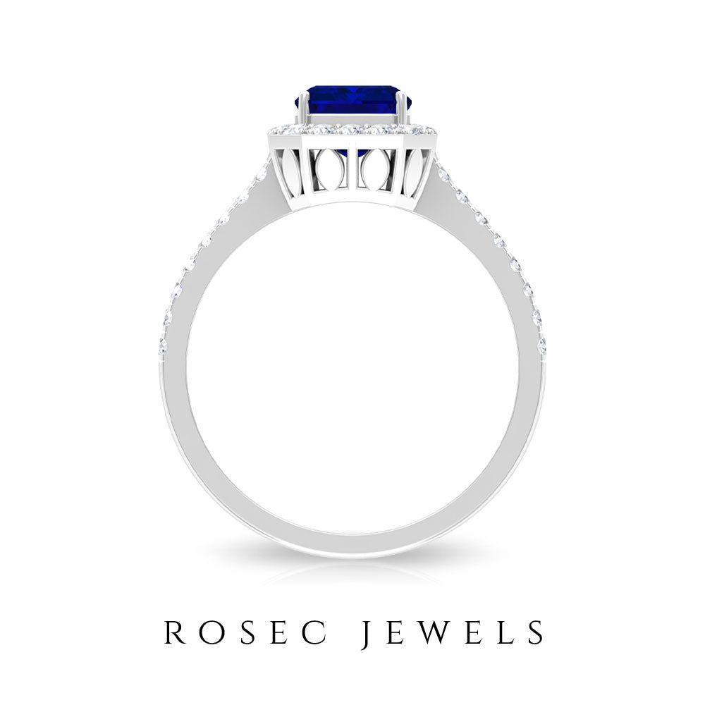 Emerald Cut Created Blue Sapphire Halo Engagement Ring with Diamond Lab Created Blue Sapphire - ( AAAA ) - Quality - Rosec Jewels