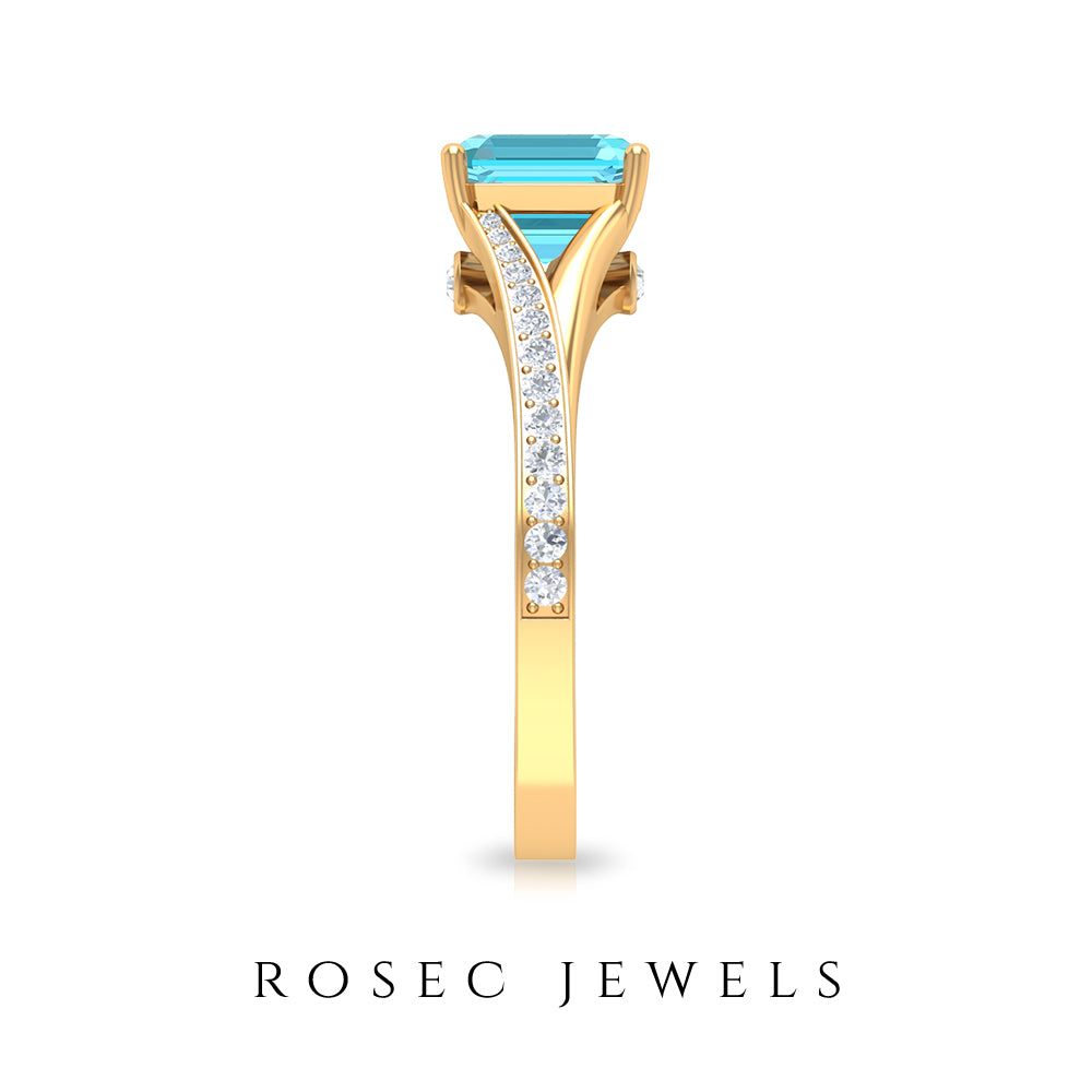 7 MM Asscher Cut Swiss Blue Topaz Solitaire with Diamond Split Shank Ring Swiss Blue Topaz - ( AAA ) - Quality - Rosec Jewels