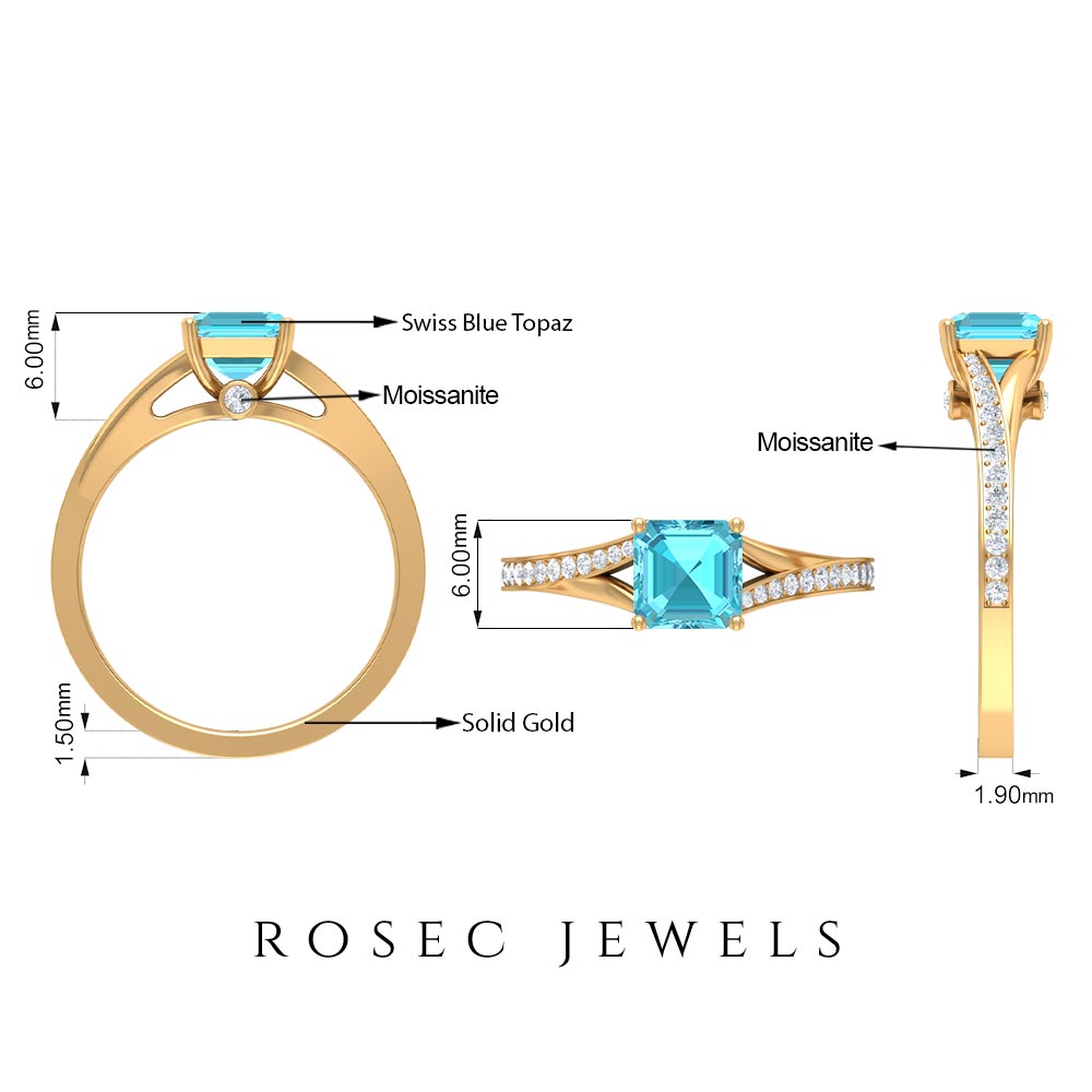 1.50 CT Split Shank Swiss Blue Topaz Solitaire with Diamond Side Stone Ring Swiss Blue Topaz - ( AAA ) - Quality - Rosec Jewels