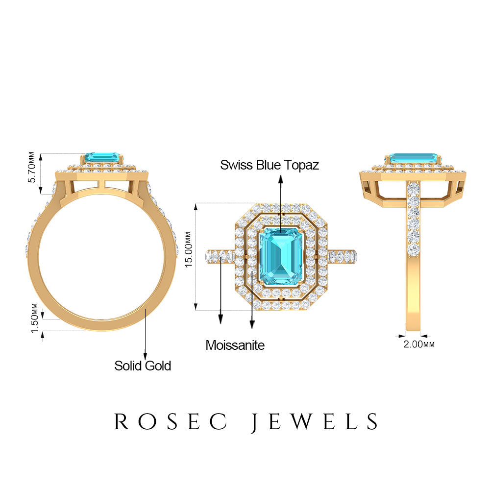 6X8 MM Octagon Cut Swiss Blue Topaz Solitaire with Moissanite Double Halo Ring Swiss Blue Topaz - ( AAA ) - Quality - Rosec Jewels