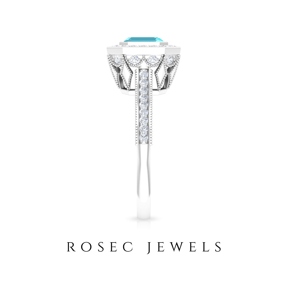 6 MM Asscher Cut Swiss Blue Topaz Solitaire with Diamond Side Stone Ring Swiss Blue Topaz - ( AAA ) - Quality - Rosec Jewels