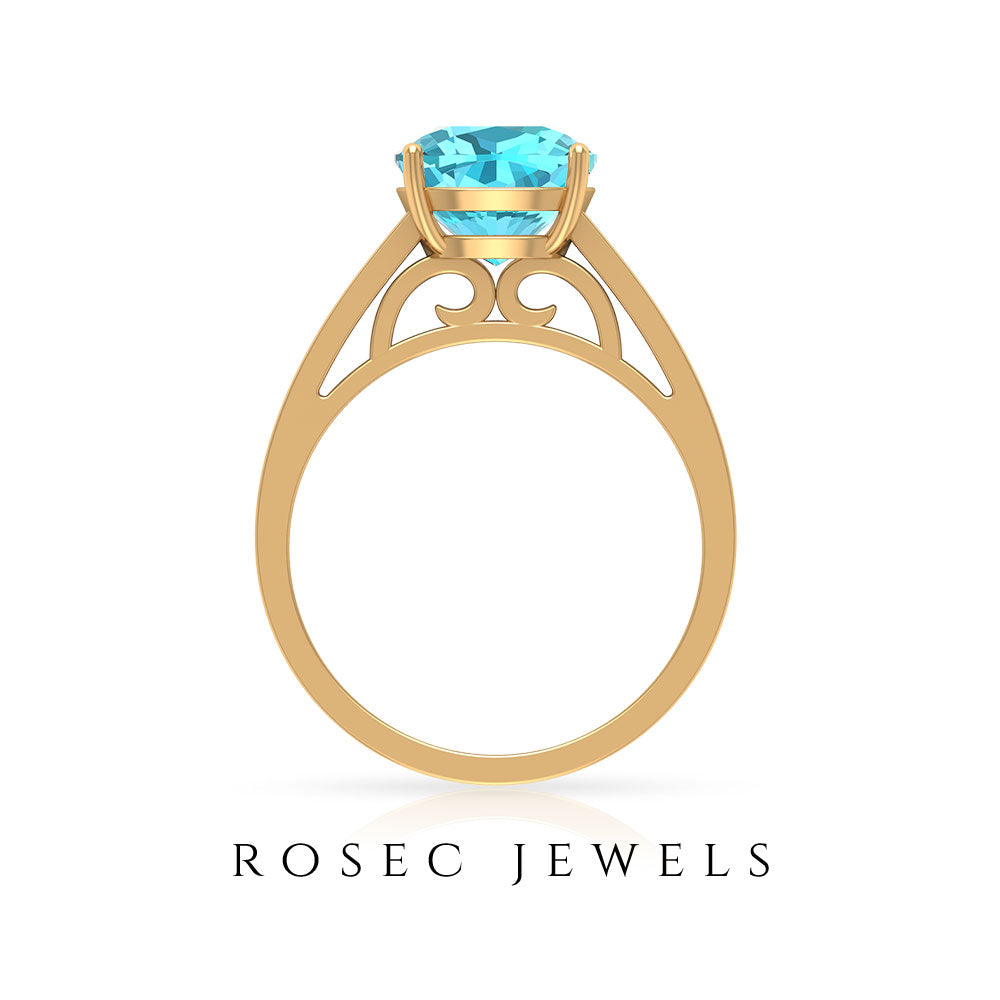 8.5 MM Cushion Cut Swiss Blue Topaz Solitaire with Diamond Side Stone Ring Swiss Blue Topaz - ( AAA ) - Quality - Rosec Jewels