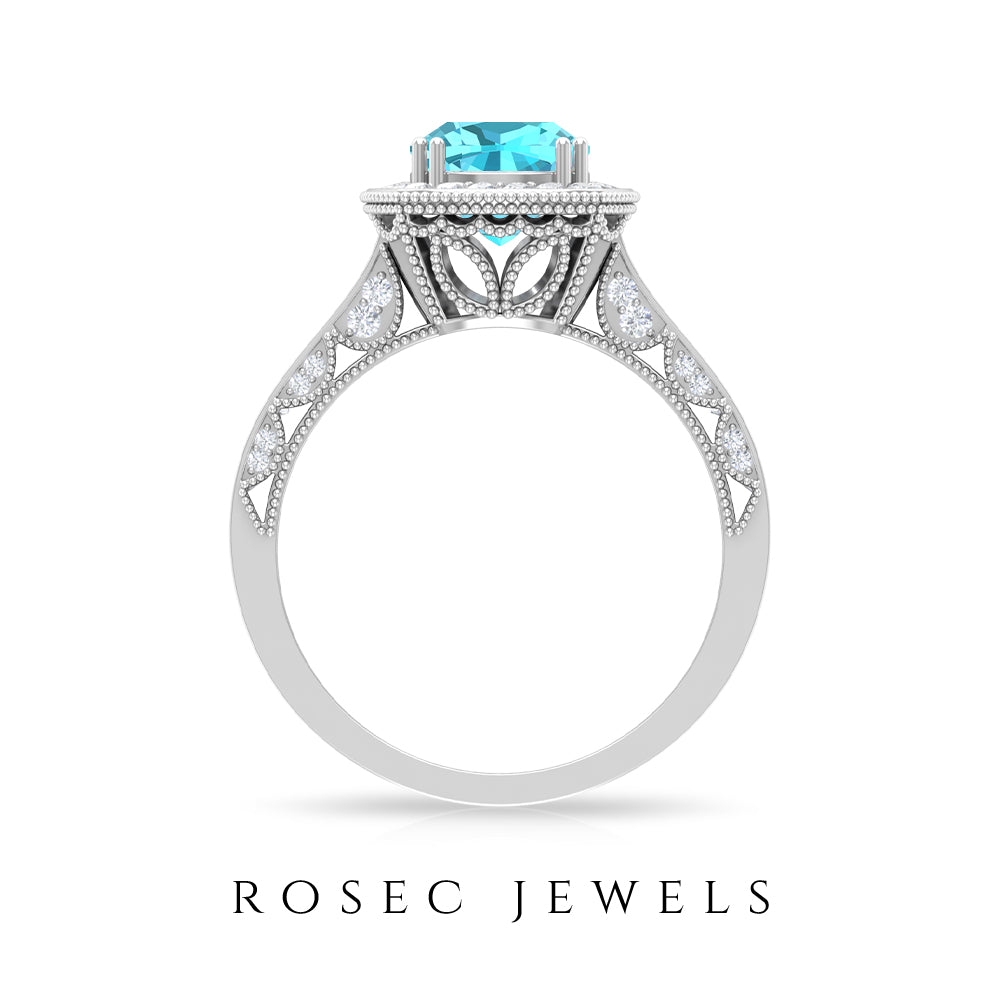 Milgrain Engagement Ring with 2.50 CT Swiss Blue Topaz and Moissanite Swiss Blue Topaz - ( AAA ) - Quality - Rosec Jewels