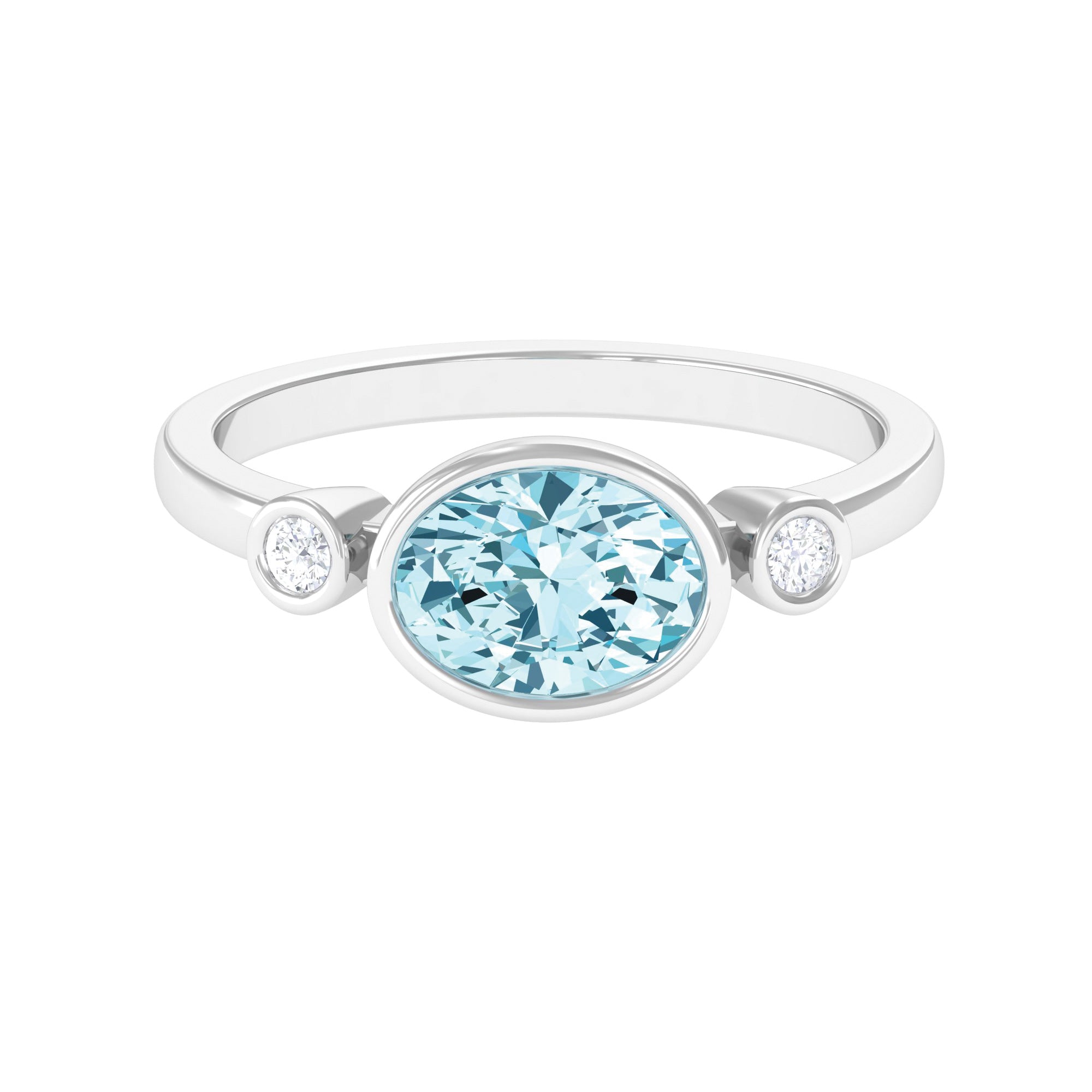 Bezel Set Aquamarine and Diamond East West Engagement Ring Aquamarine - ( AAA ) - Quality - Rosec Jewels
