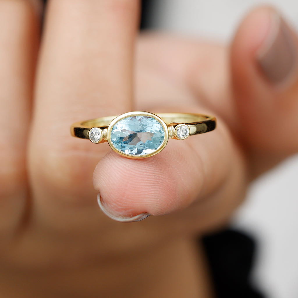 Bezel Set Aquamarine and Diamond East West Engagement Ring Aquamarine - ( AAA ) - Quality - Rosec Jewels