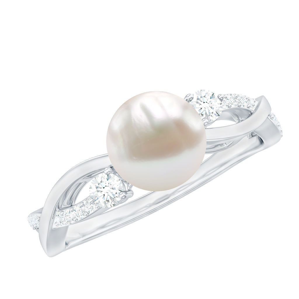 Natural Freshwater Pearl and Diamond Solitaire Crossover Ring