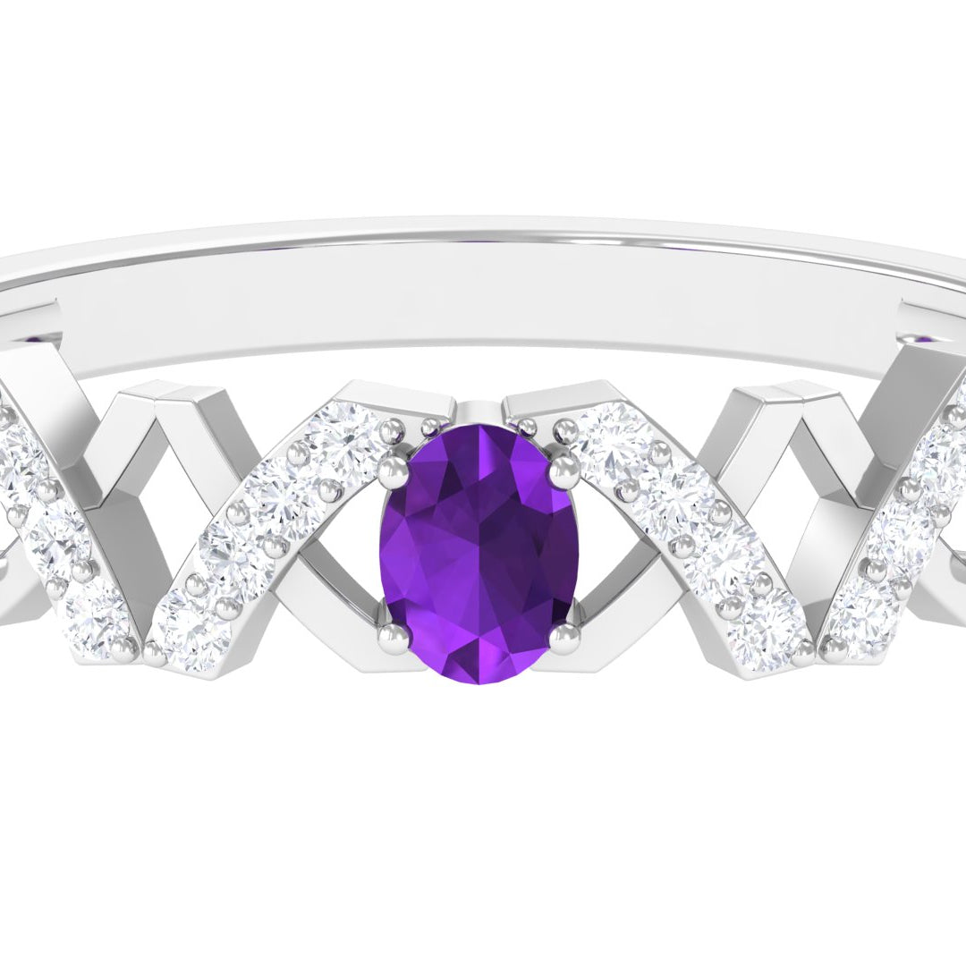 Oval Amethyst Criss Cross Half Eternity Band Ring with Diamond Amethyst - ( AAA ) - Quality - Rosec Jewels