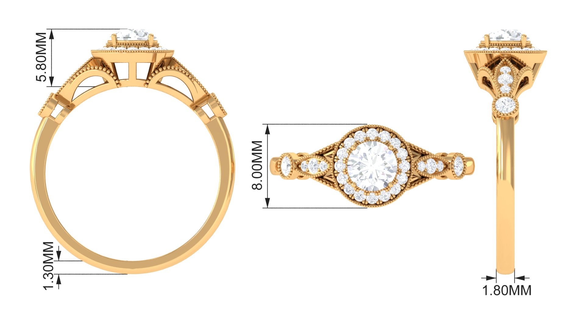 Antique Zircon Engagement Ring with Milgrain Gold Zircon - ( AAAA ) - Quality - Rosec Jewels