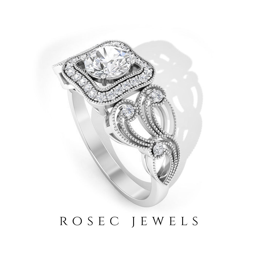 Zircon Vintage Inspired Halo Engagement Ring Zircon - ( AAAA ) - Quality - Rosec Jewels