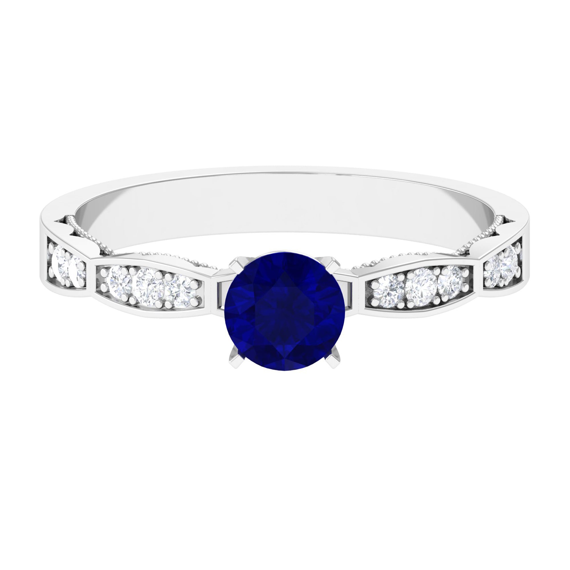 Blue Sapphire Solitaire Engagement Ring with Diamond Side Stones Blue Sapphire - ( AAA ) - Quality - Rosec Jewels