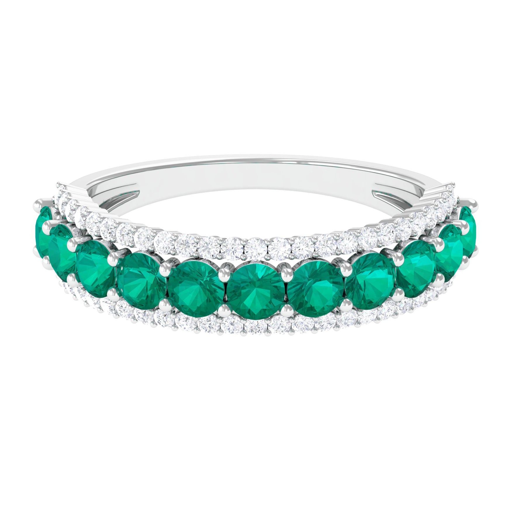1 CT Round Emerald Classic Half Eternity Band Ring with Diamond Accent Emerald - ( AAA ) - Quality - Rosec Jewels
