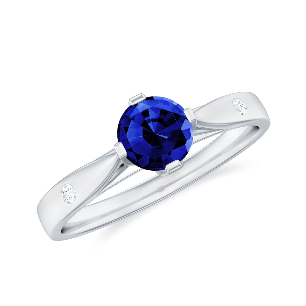 Floral Set Created Blue Sapphire Solitaire Ring with Diamond