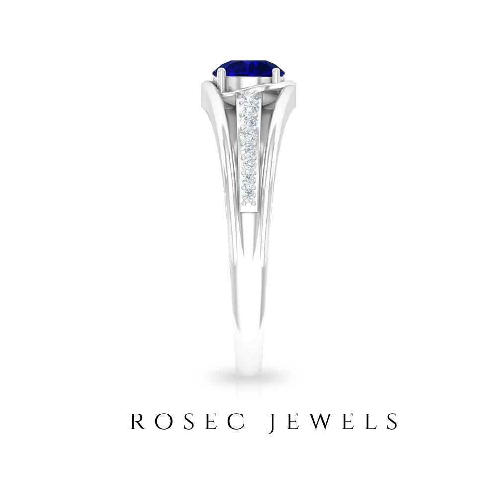 1 CT Created Blue Sapphire and Diamond Classic Engagement Ring Lab Created Blue Sapphire - ( AAAA ) - Quality - Rosec Jewels