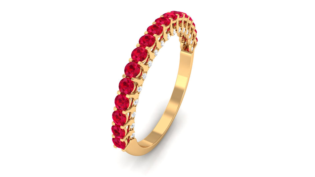 1 CT Round Shape Lab Grown Ruby and Diamond Semi Eternity Ring Lab Created Ruby - ( AAAA ) - Quality - Rosec Jewels
