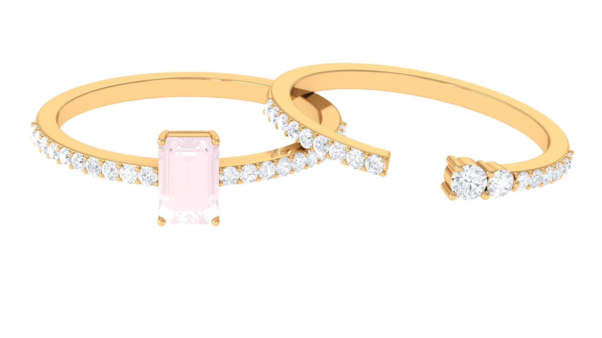 Natural Rose Quartz and Diamond Stackable Ring Set Rose Quartz - ( AAA ) - Quality - Rosec Jewels