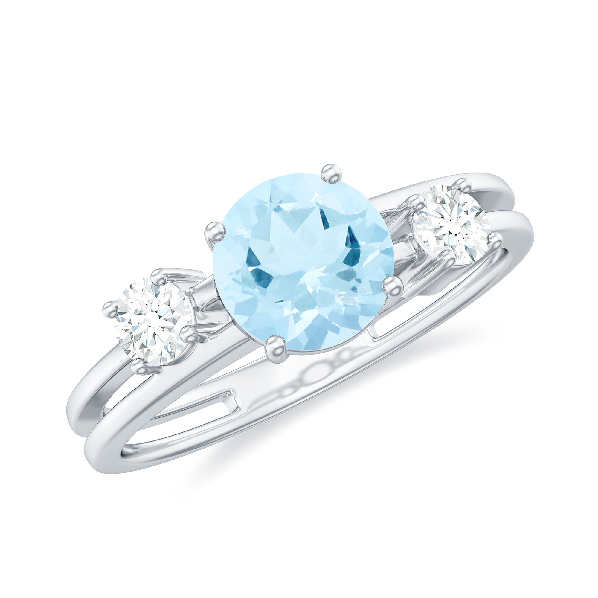 Double Band Engagement Ring with Aquamarine and Diamond Aquamarine - ( AAA ) - Quality - Rosec Jewels
