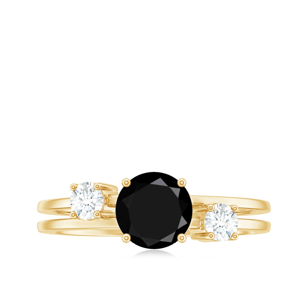 Double Band Solitaire Ring with Black Onyx and Diamond Black Onyx - ( AAA ) - Quality - Rosec Jewels