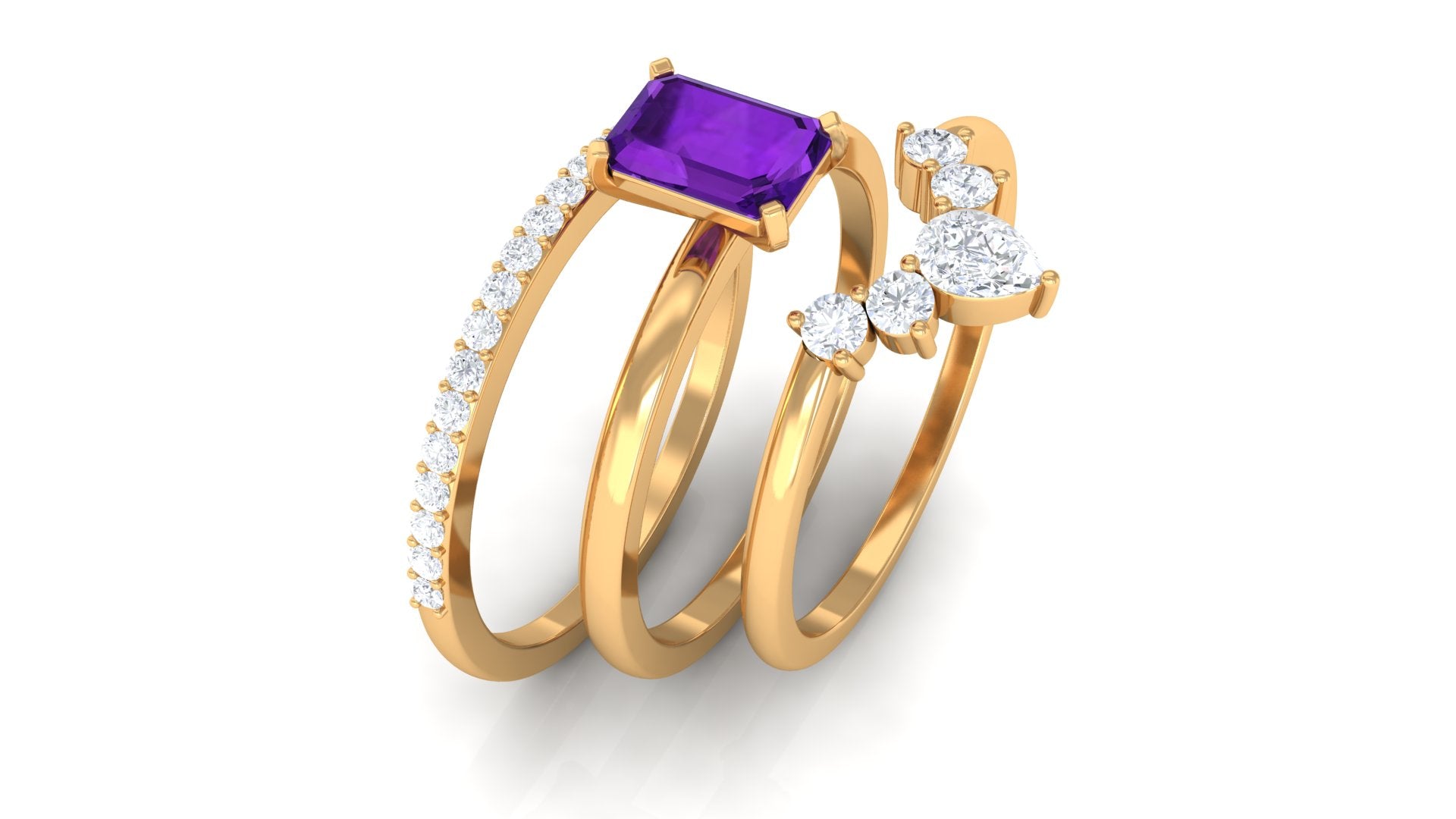Octagon Amethyst Solitaire Ring Set of 3 with Moissanite Amethyst - ( AAA ) - Quality - Rosec Jewels