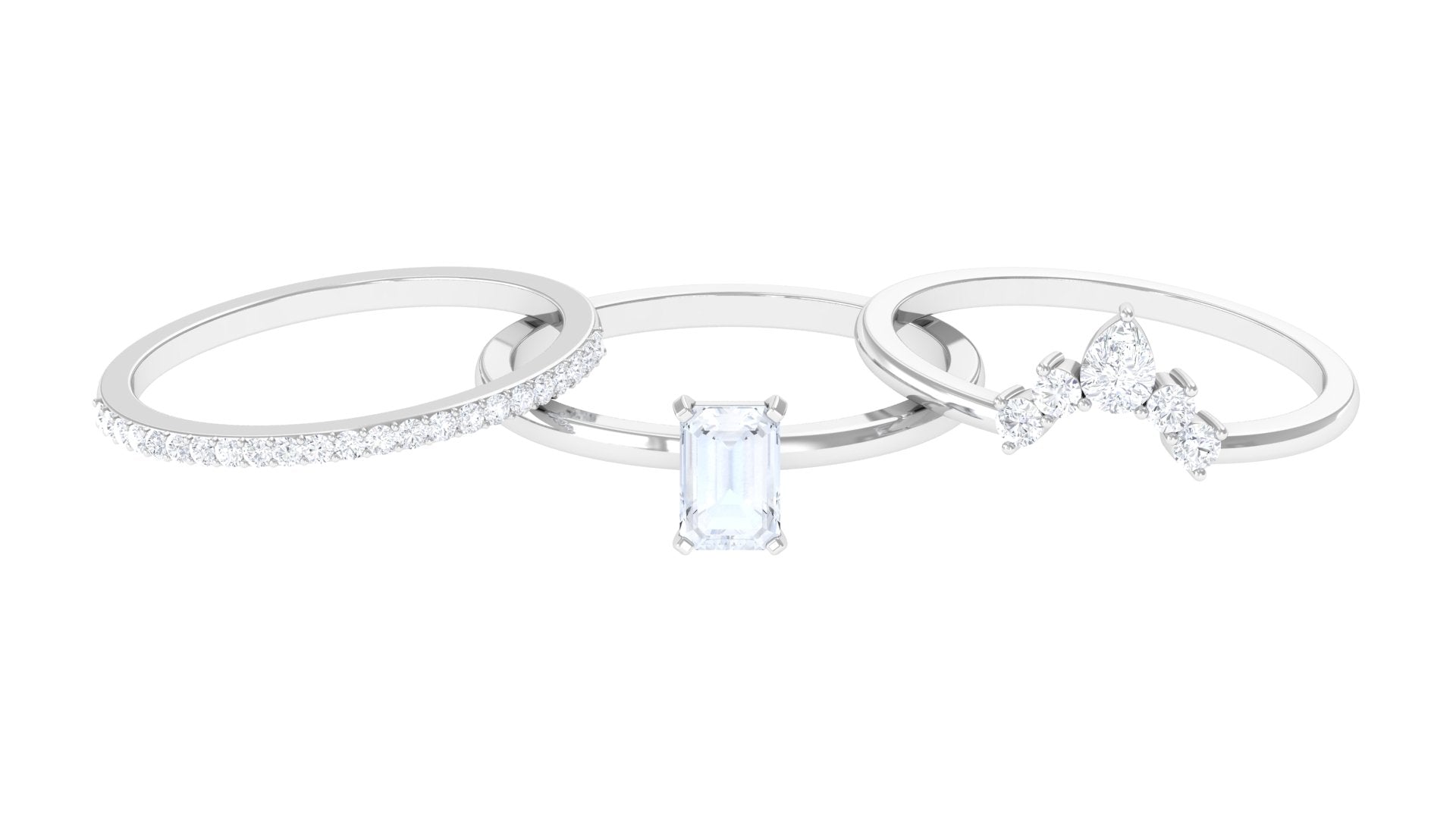 Octagon Cut Moonstone and Moissanite Trio Ring Set Moonstone - ( AAA ) - Quality - Rosec Jewels