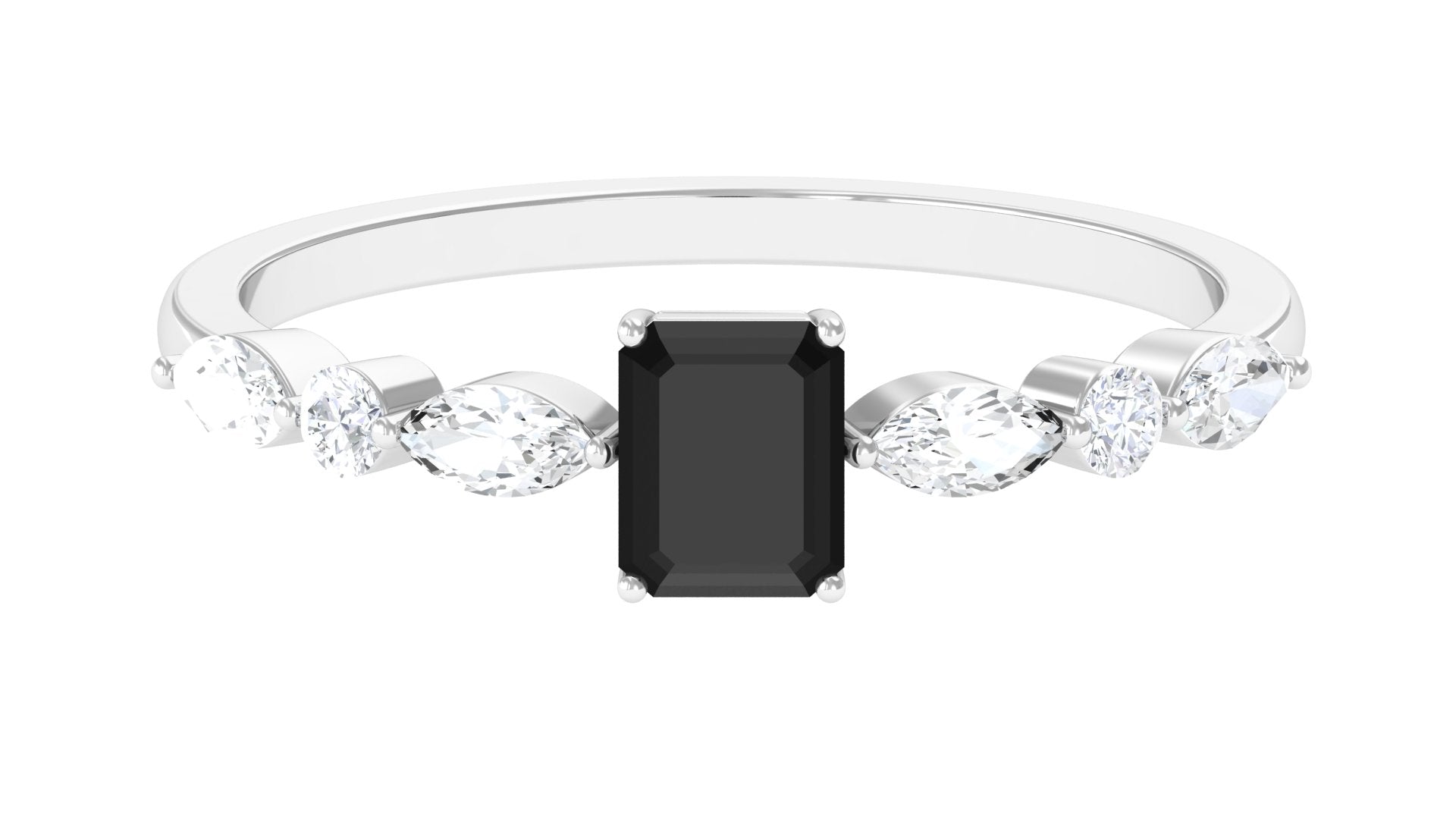 Octagon Black Onyx Solitaire Ring with Diamond Side Stones Black Onyx - ( AAA ) - Quality - Rosec Jewels