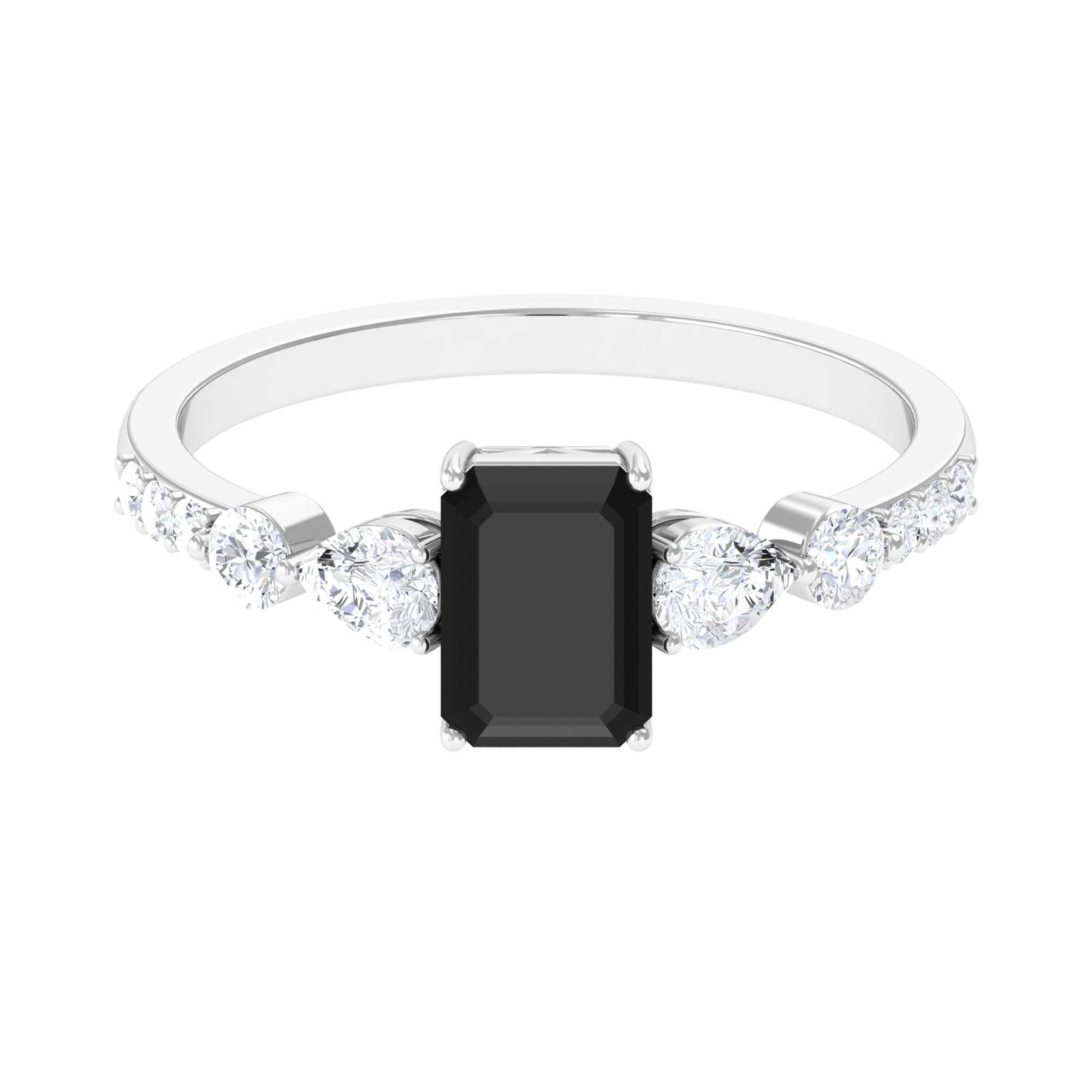 Classic Created Black Diamond Engagement Ring with Moissanite Side Stones Lab Created Black Diamond - ( AAAA ) - Quality - Rosec Jewels