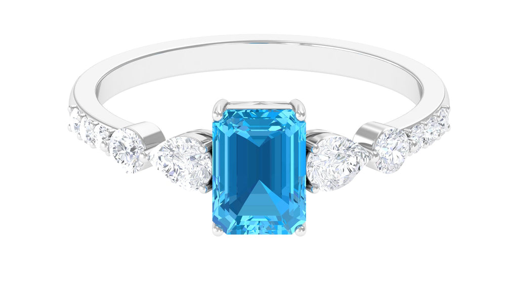 Classic Emerald Cut Swiss Blue Topaz Solitaire Engagement Ring with Moissanite Swiss Blue Topaz - ( AAA ) - Quality - Rosec Jewels