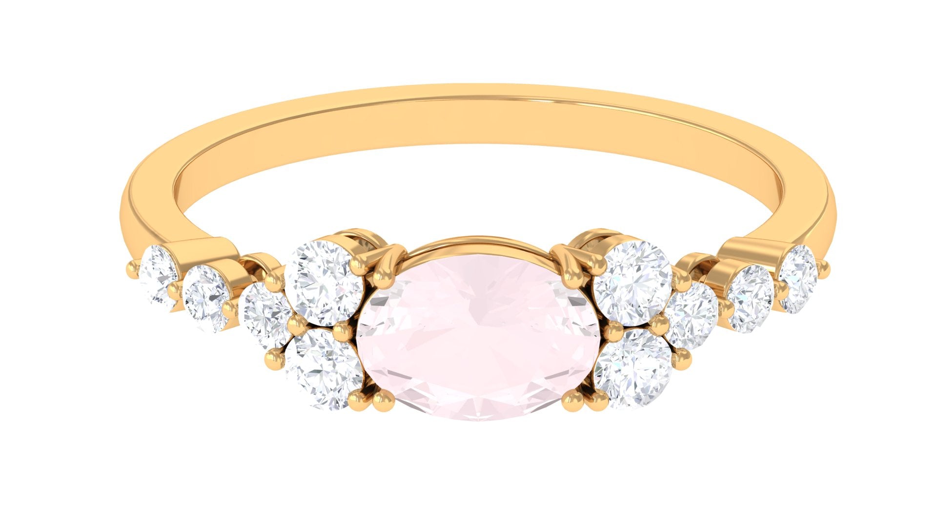 Rose Quartz Solitaire East West Ring with Diamond Side Stones Rose Quartz - ( AAA ) - Quality - Rosec Jewels