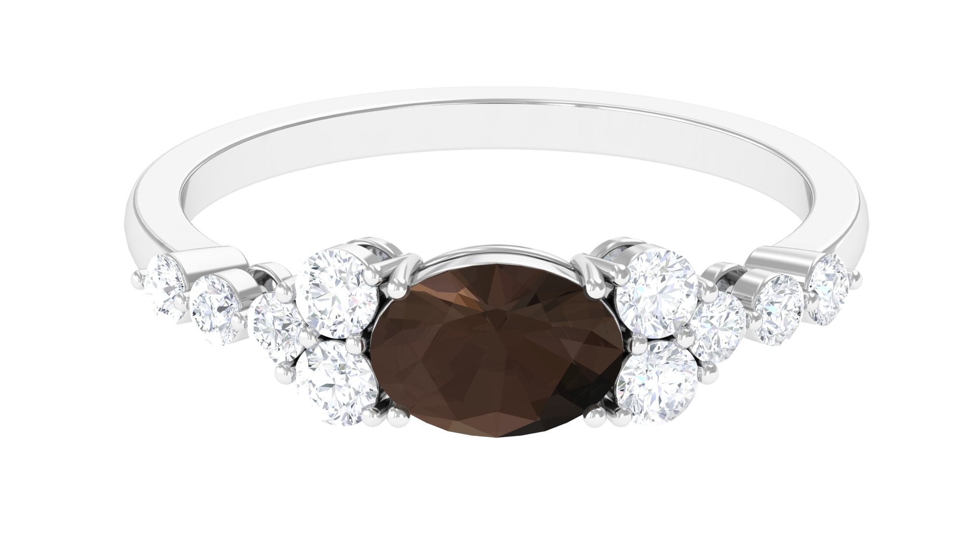 Solitaire Smoky Quartz East West Ring with Diamond Side Stones Smoky Quartz - ( AAA ) - Quality - Rosec Jewels