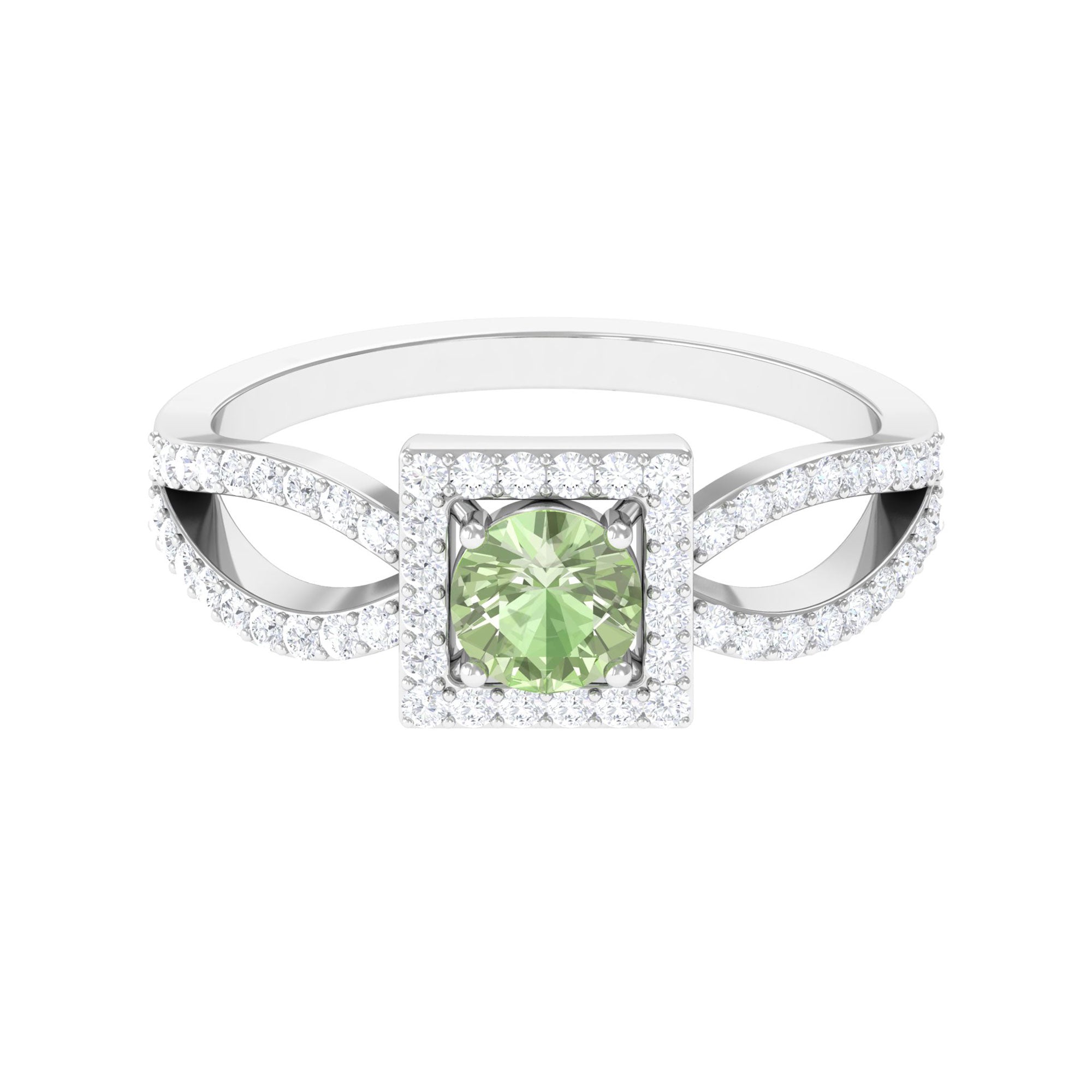 Round Green Sapphire and Diamond Halo Ring in Split Shank Green Sapphire - ( AAA ) - Quality - Rosec Jewels