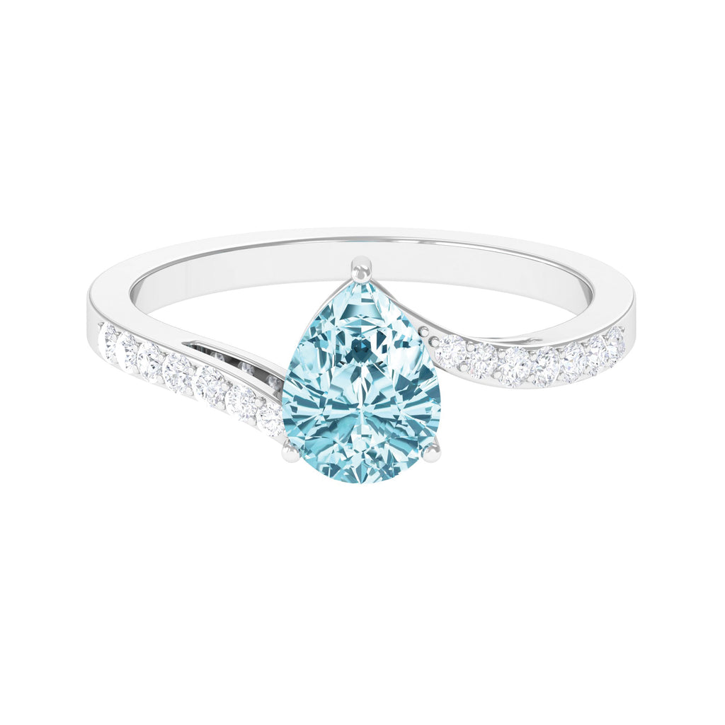 Pear Cut Aquamarine Solitaire Ring with Diamond Bypass Shank