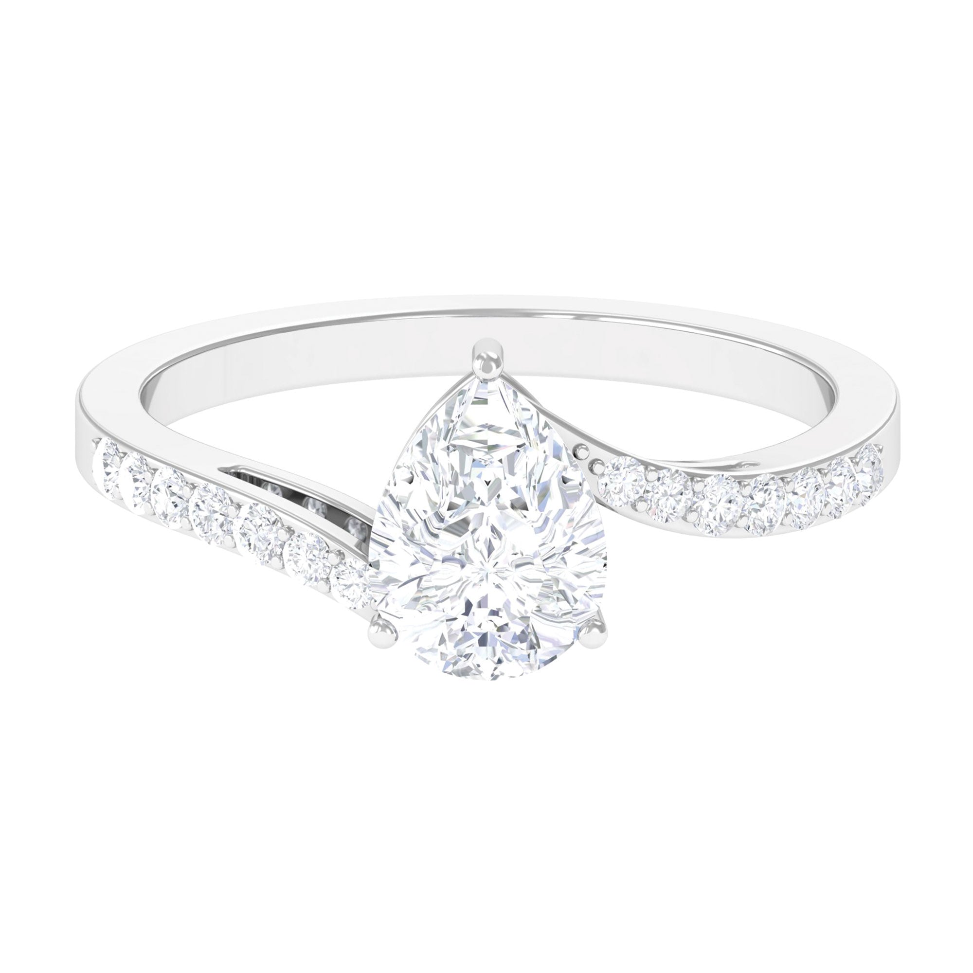Pear Shape Moissanite Solitaire Engagement Ring in Bypass Shank Moissanite - ( D-VS1 ) - Color and Clarity - Rosec Jewels