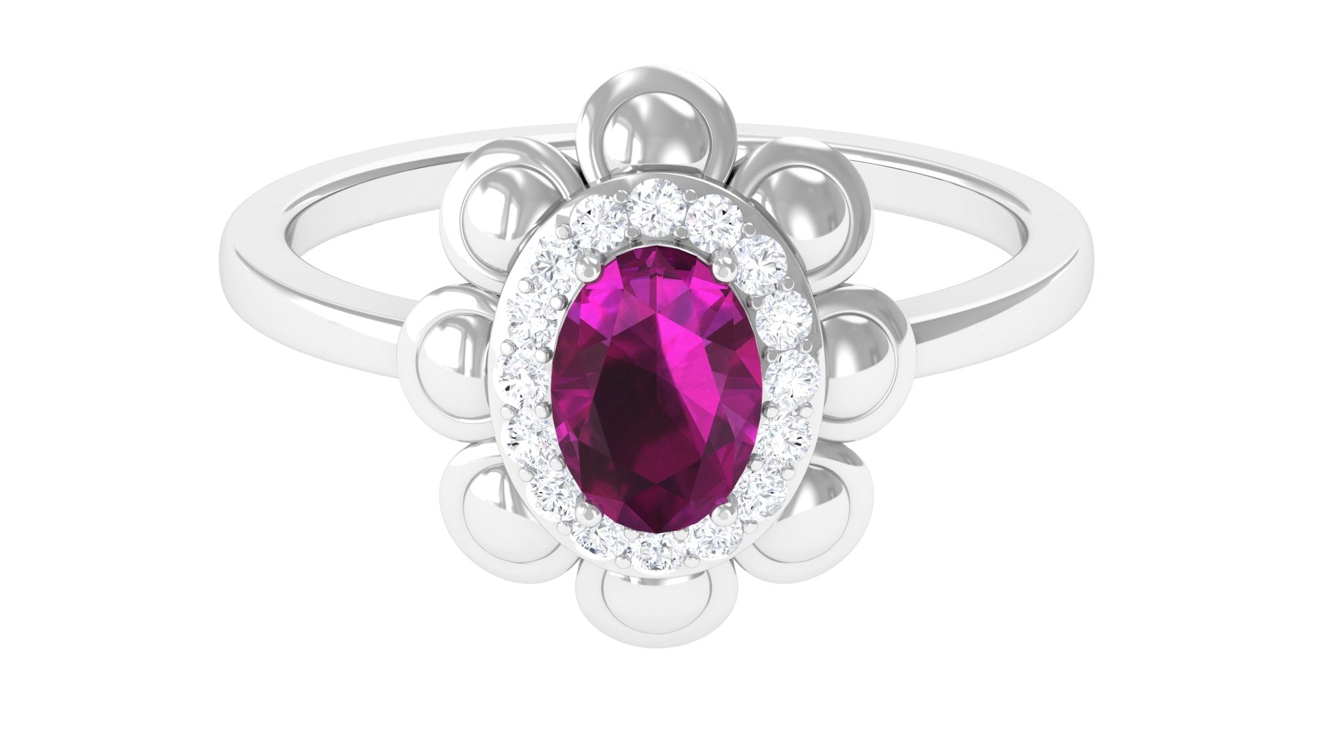 Oval Shape Rhodolite Flower Engagement Ring with Diamond Halo Rhodolite - ( AAA ) - Quality - Rosec Jewels