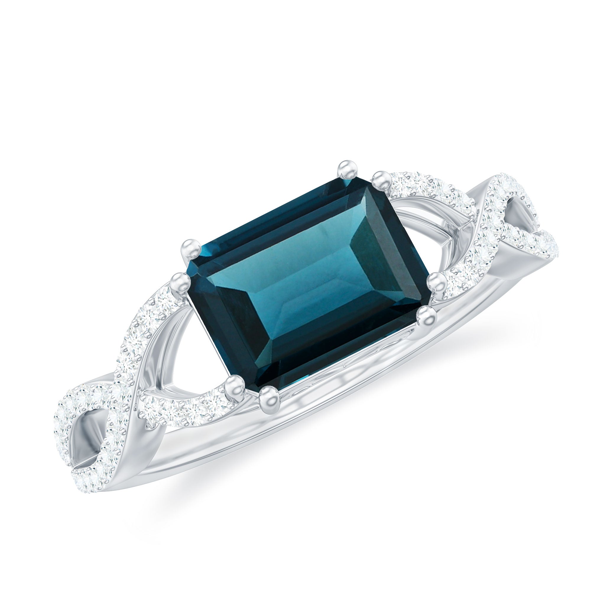 Octagon London Blue Topaz East-West Crossover Ring with Diamond London Blue Topaz - ( AAA ) - Quality - Rosec Jewels