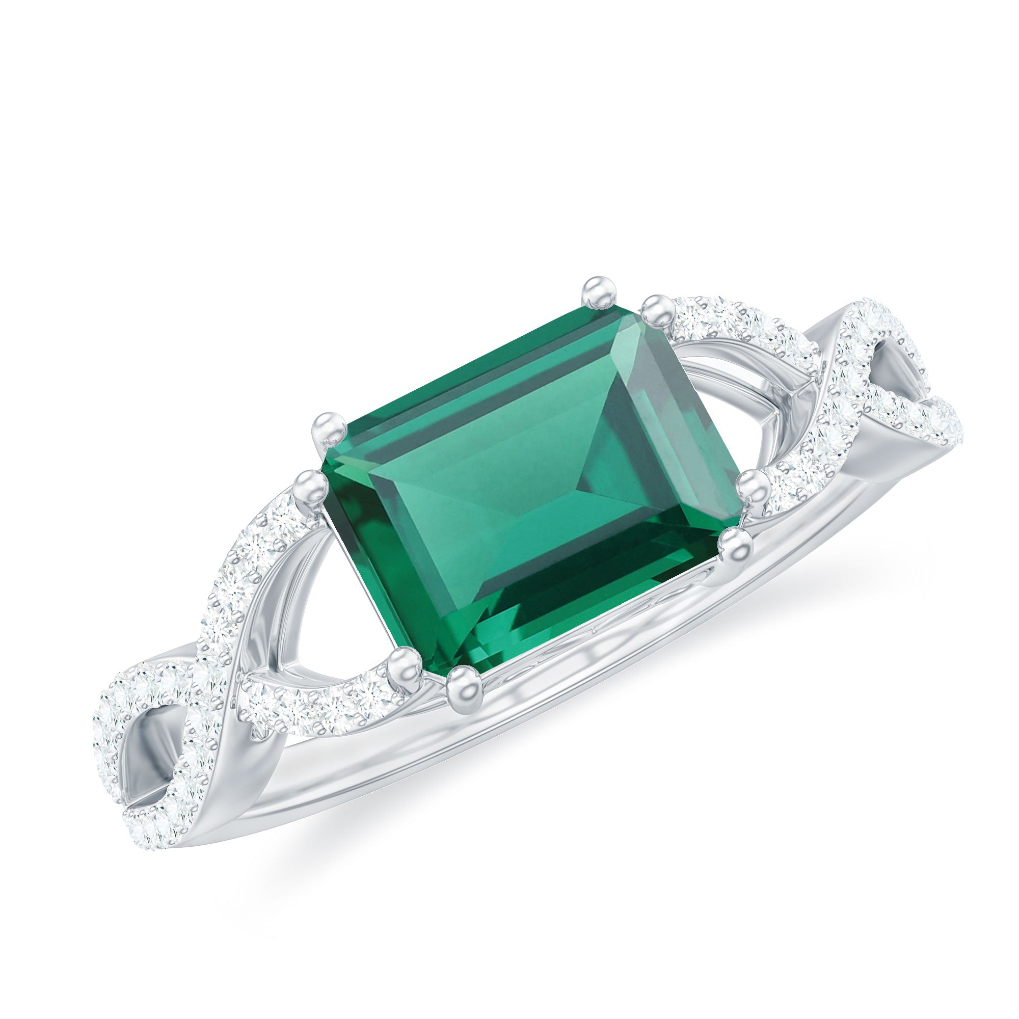Octagon Created Emerald East-West Crossover Ring with Diamond Lab Created Emerald - ( AAAA ) - Quality - Rosec Jewels