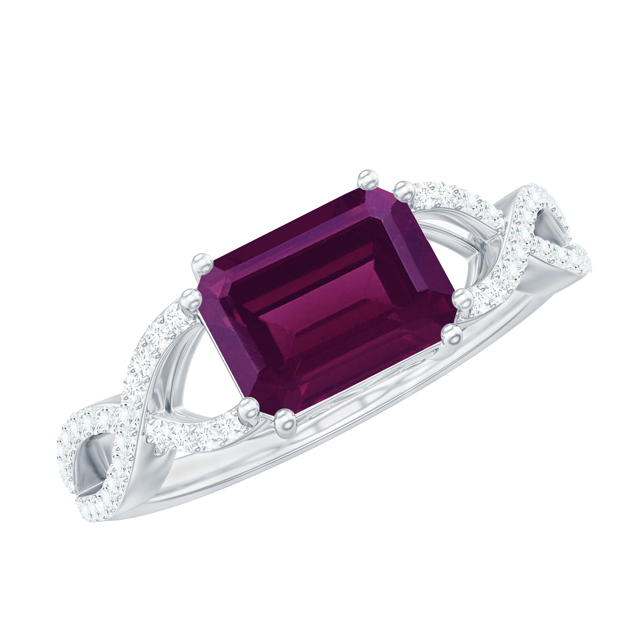 2.25 CT Emerald Cut Rhodolite East West Engagement Ring with Crossover Diamond Rhodolite - ( AAA ) - Quality - Rosec Jewels