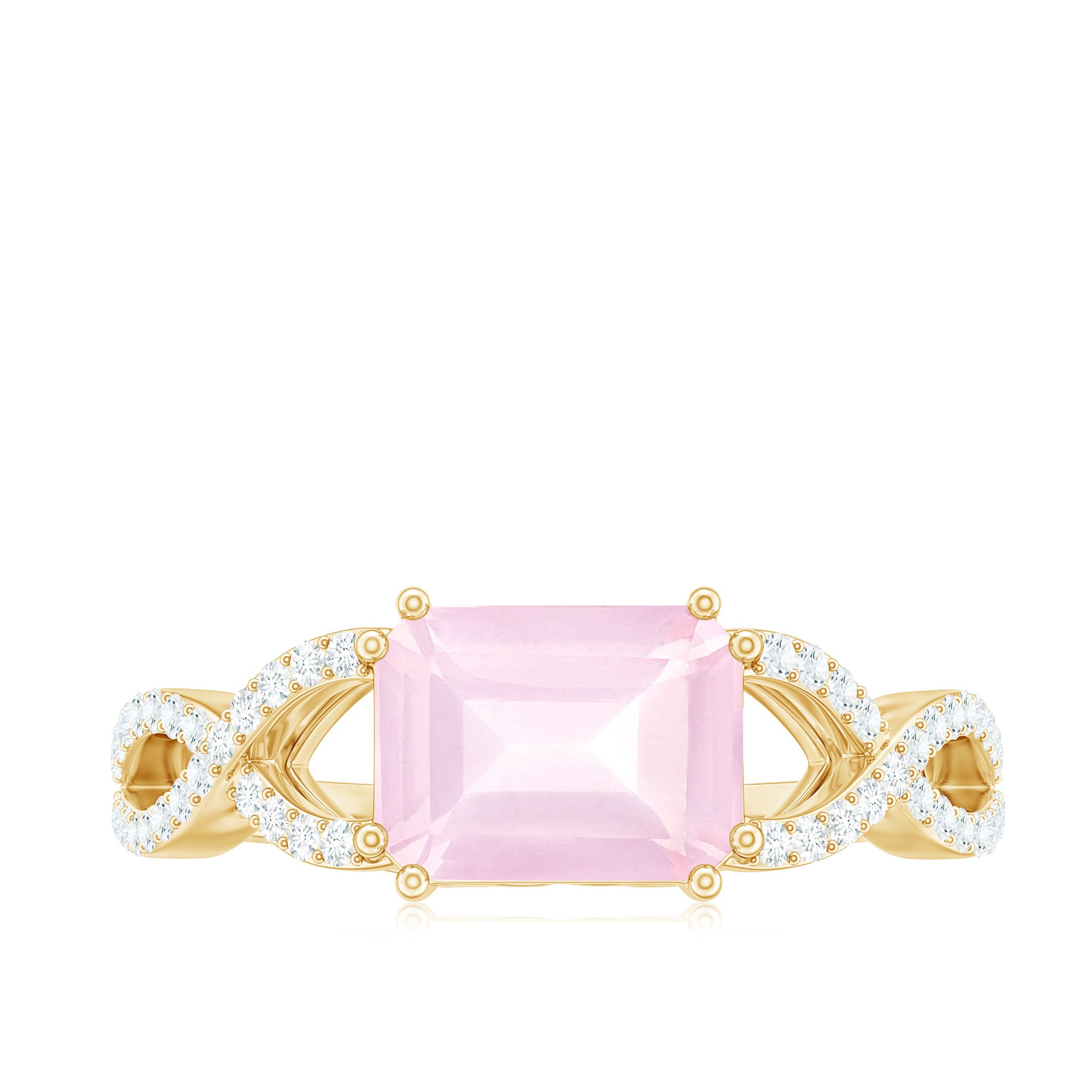 Emerald Cut Rose Quartz East West Crossover Ring with Diamond Rose Quartz - ( AAA ) - Quality - Rosec Jewels