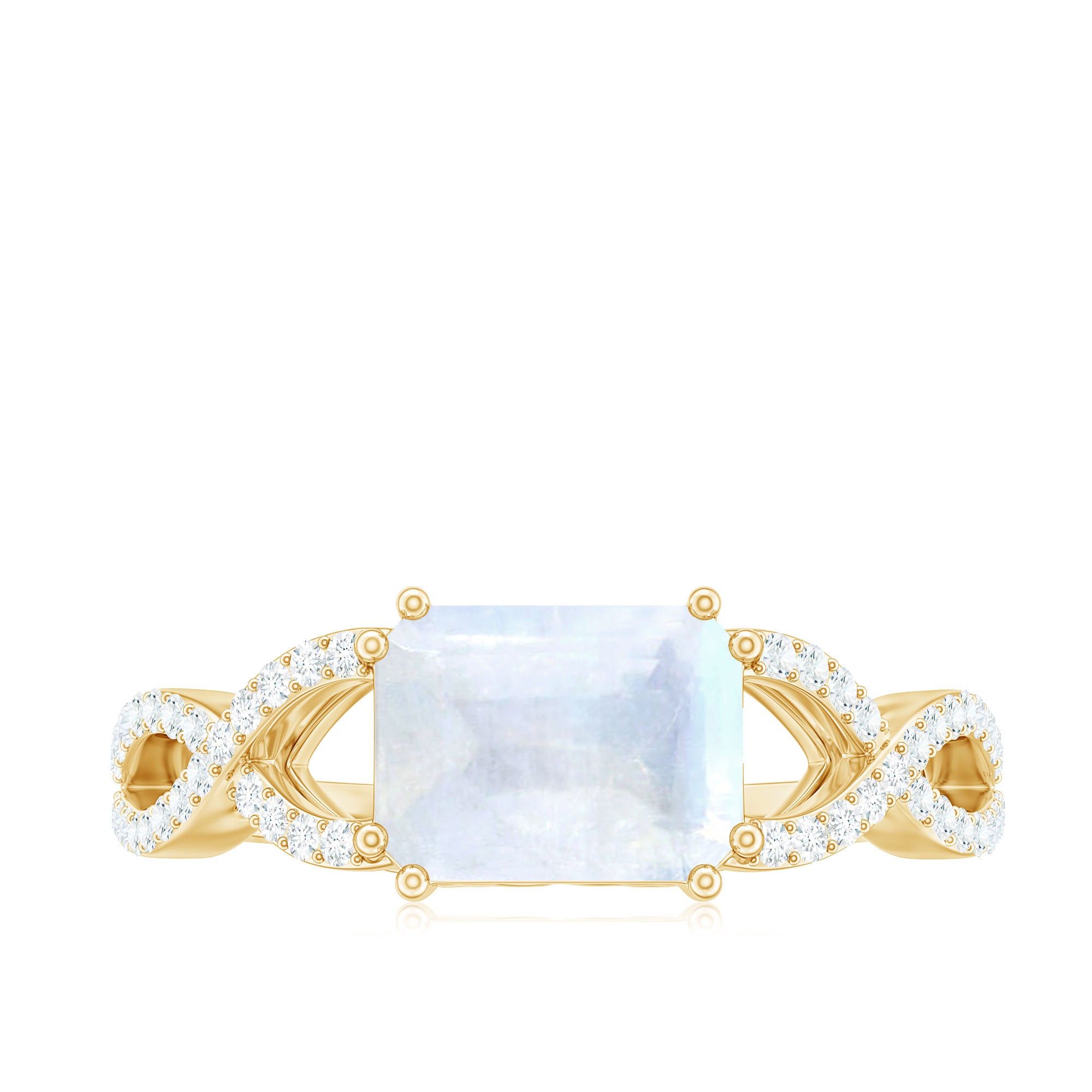 2 CT Emerald Cut Moonstone East West Crossover Ring with Diamond Moonstone - ( AAA ) - Quality - Rosec Jewels