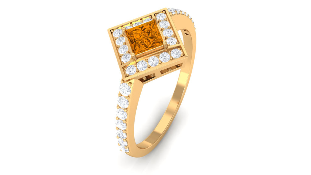 1 CT Princess Cut Citrine Geometric Ring with Diamond Accent Citrine - ( AAA ) - Quality - Rosec Jewels