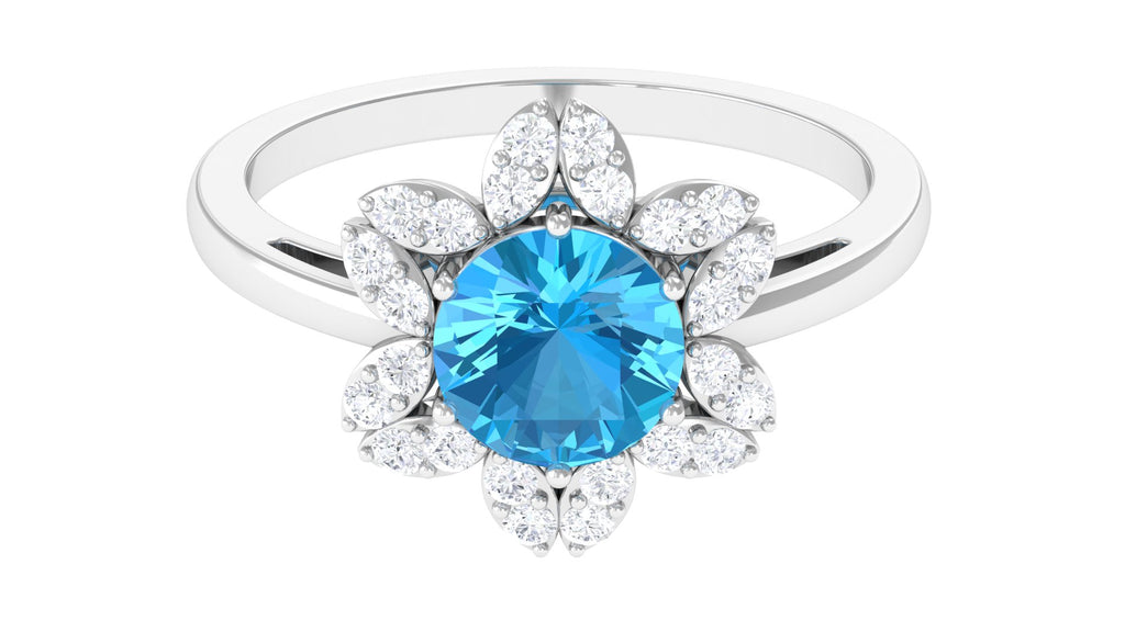 2.25 CT Swiss Blue Topaz Floral Ring with Diamond Halo Swiss Blue Topaz - ( AAA ) - Quality - Rosec Jewels