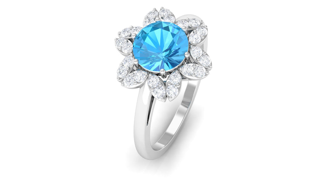 2.25 CT Swiss Blue Topaz Floral Ring with Diamond Halo Swiss Blue Topaz - ( AAA ) - Quality - Rosec Jewels