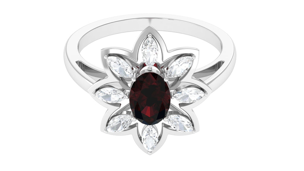 1.75 Ct Oval Garnet Flower Cocktail Ring with Moissanite Garnet - ( AAA ) - Quality - Rosec Jewels