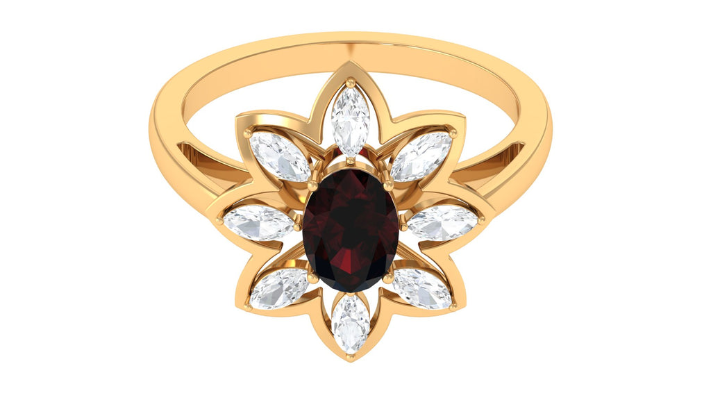 1.75 Ct Oval Garnet Flower Cocktail Ring with Moissanite Garnet - ( AAA ) - Quality - Rosec Jewels