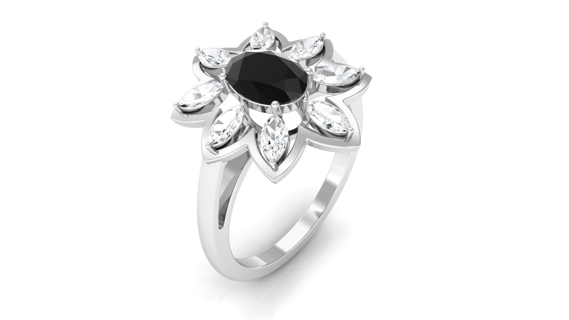 1.25 Ct Oval Black Onyx Flower Cocktail Ring with Moissanite Black Onyx - ( AAA ) - Quality - Rosec Jewels