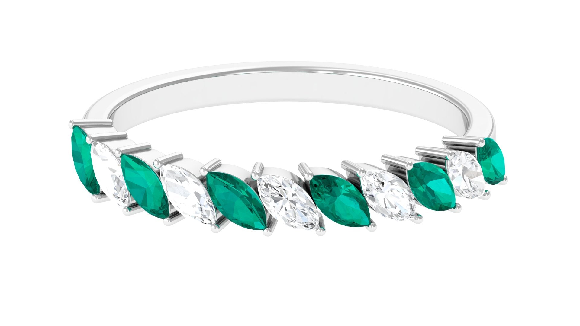 Marquise Emerald and Diamond Tilted Half Eternity Ring Emerald - ( AAA ) - Quality - Rosec Jewels