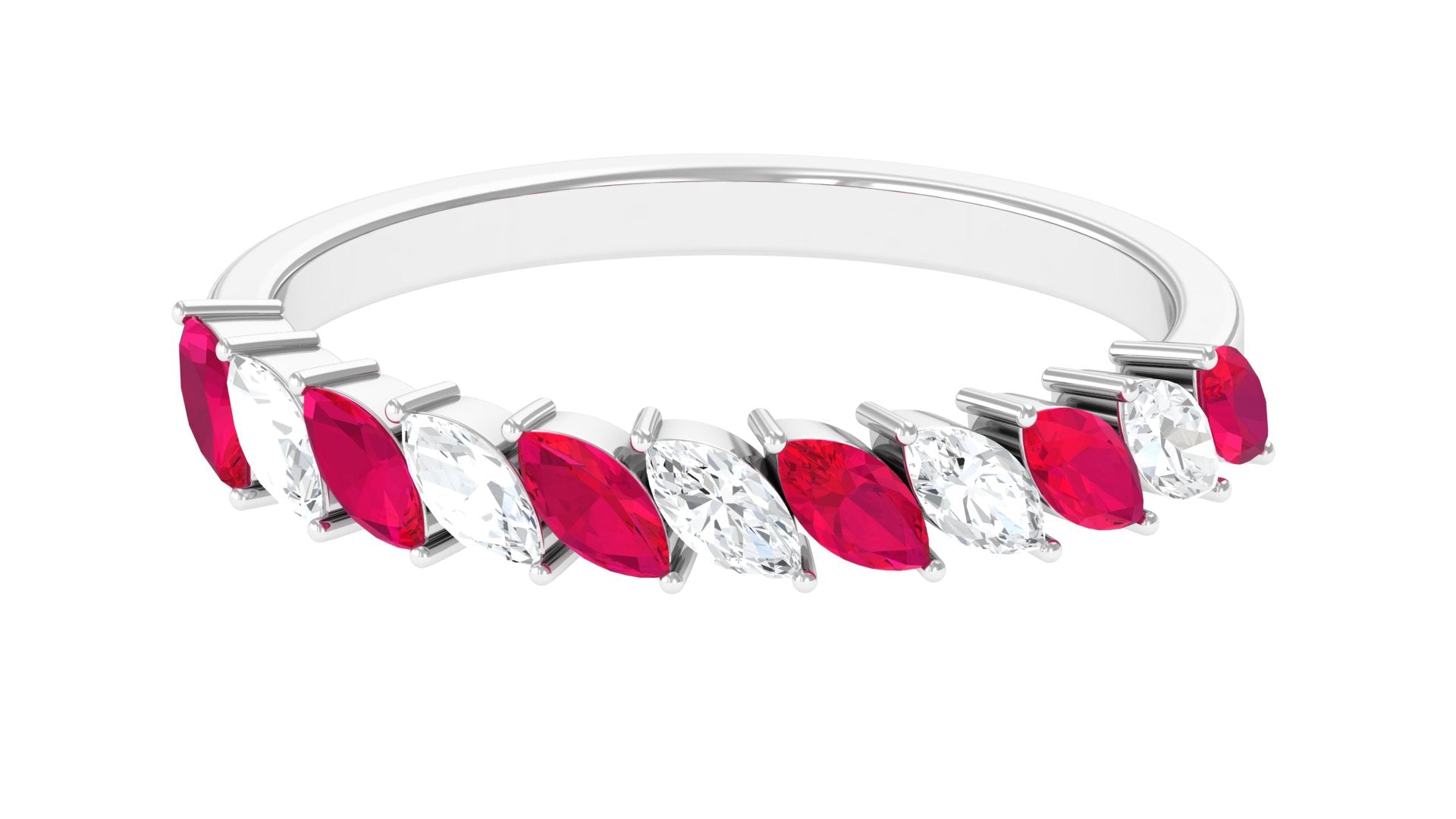 Tilted Half Eternity Ring with Marquise Shape Ruby and Diamond Ruby - ( AAA ) - Quality - Rosec Jewels