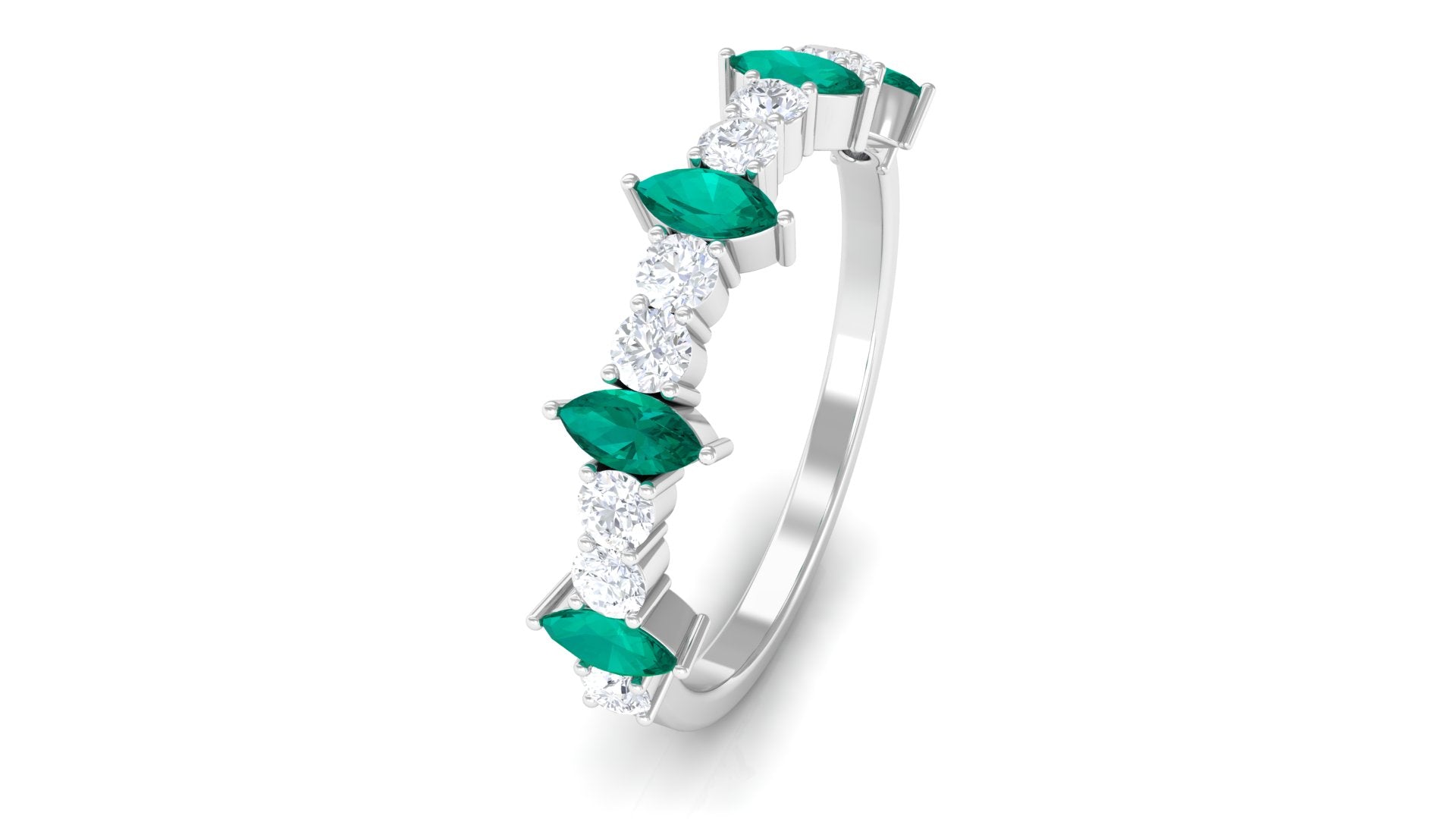 Marquise shape Emerald Half Eternity Ring with Diamond Emerald - ( AAA ) - Quality - Rosec Jewels