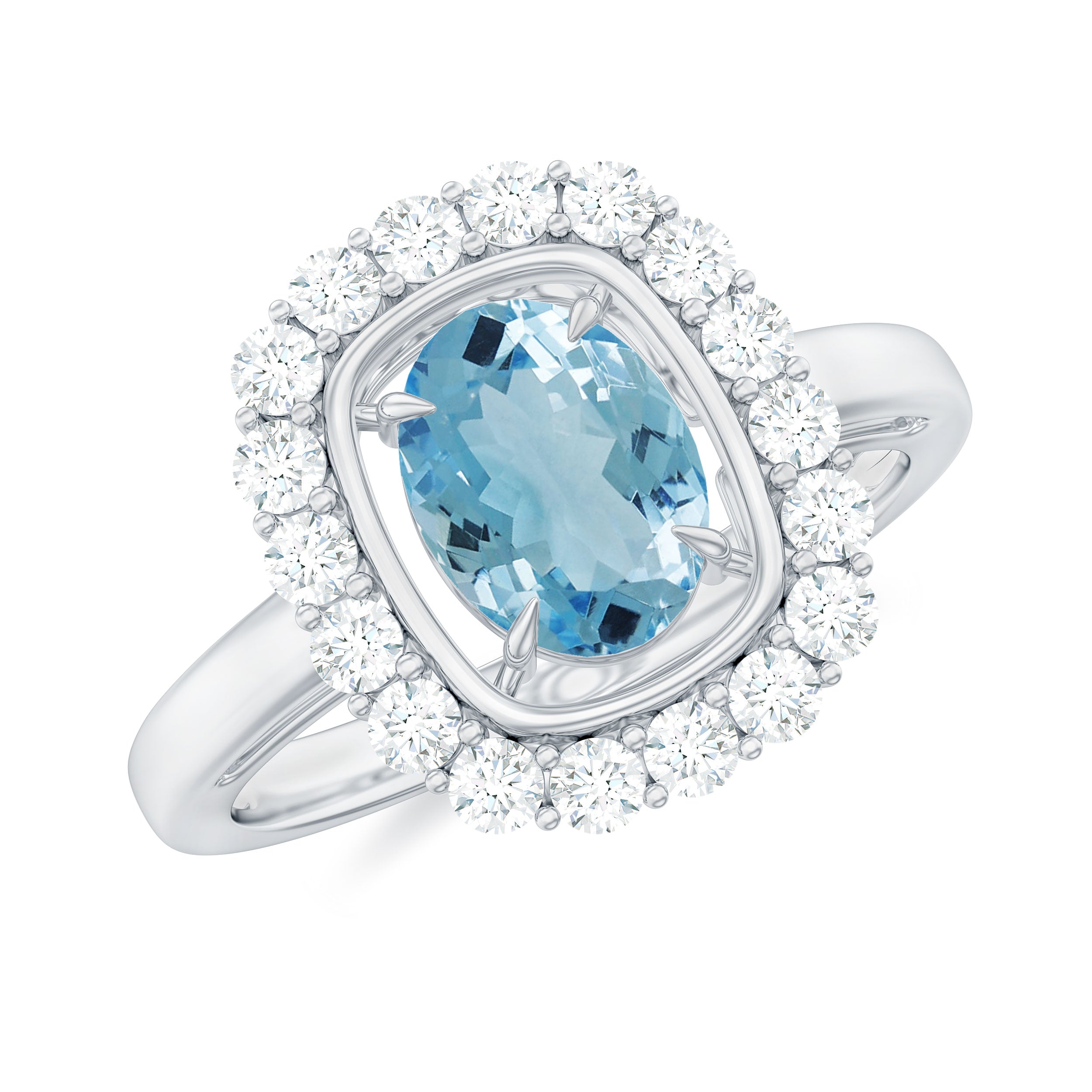 Aquamarine Halo Engagement Ring with Diamond Aquamarine - ( AAA ) - Quality - Rosec Jewels